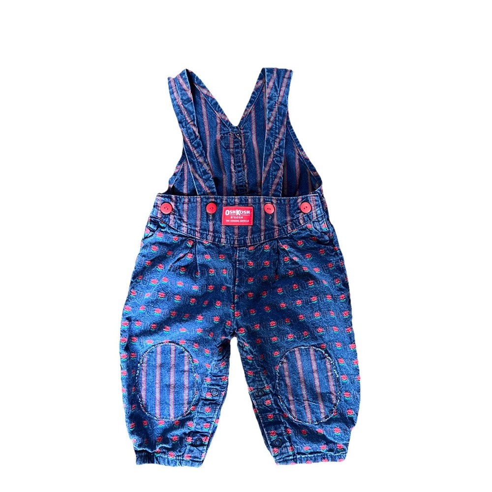 Vintage 80s 90s Girls 12m Oshkosh B'Gosh Overalls Vestbak Red Tulip Patches Baby